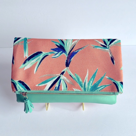 Rachel Pally Clutch Reversible Birds of Paradise Print Peach Mint Green - Picture 3 of 11